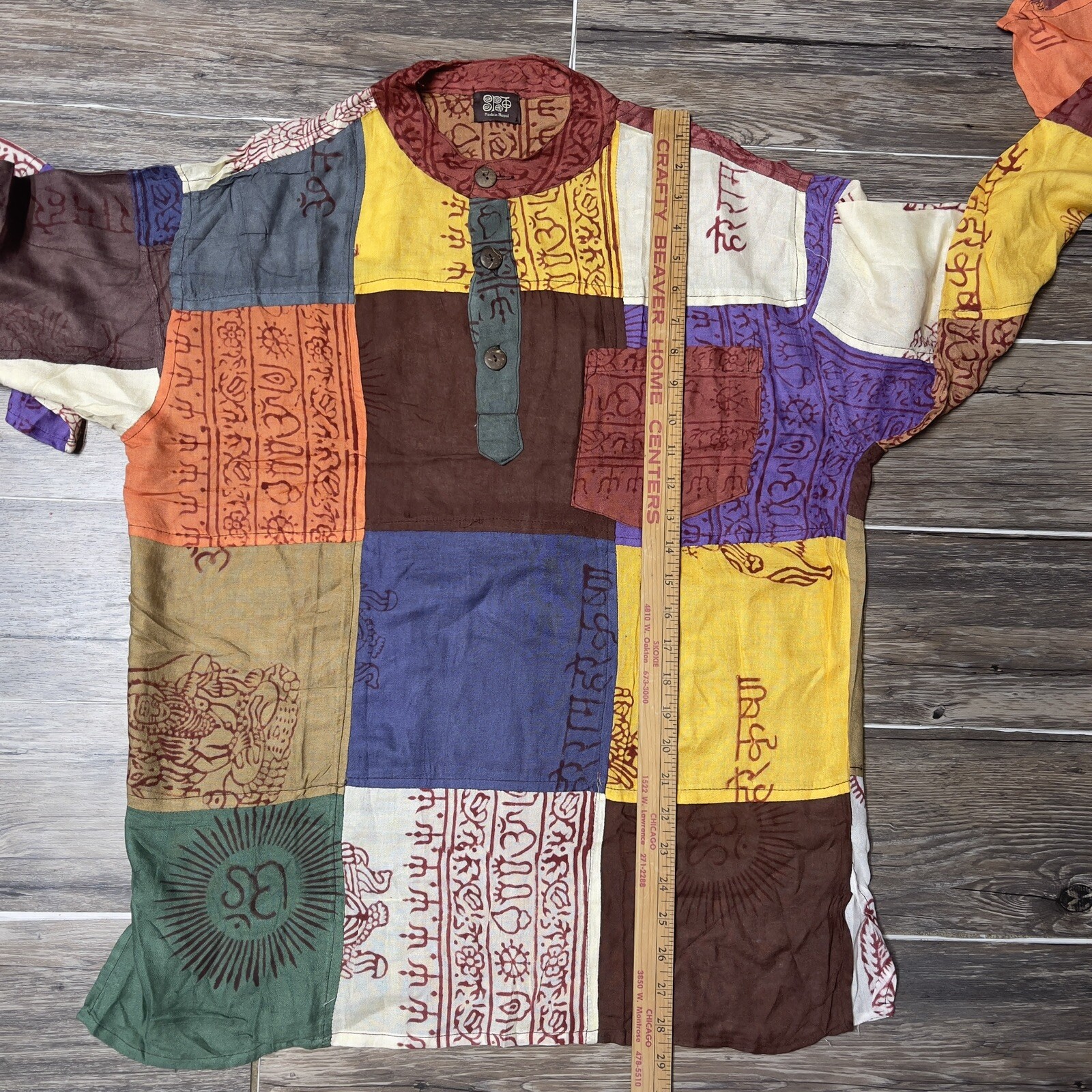 Hippie Hare Rama Hare Krishna Patchwork Yoga 3 Button Shirt Top Unisex L NWOT