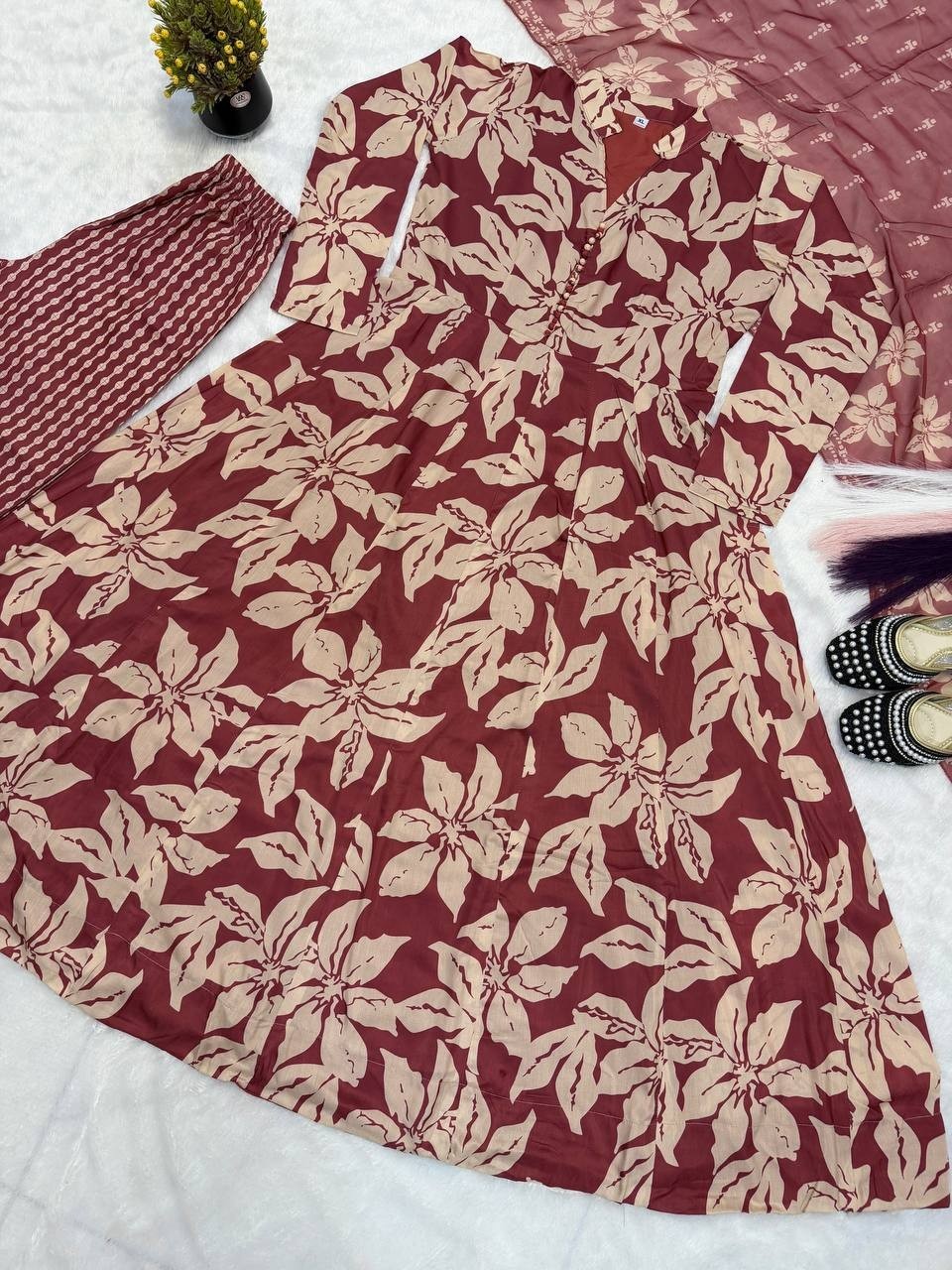 Designer Red Maslin Cotton Gown Bottom With Dupatta For Festive Wear