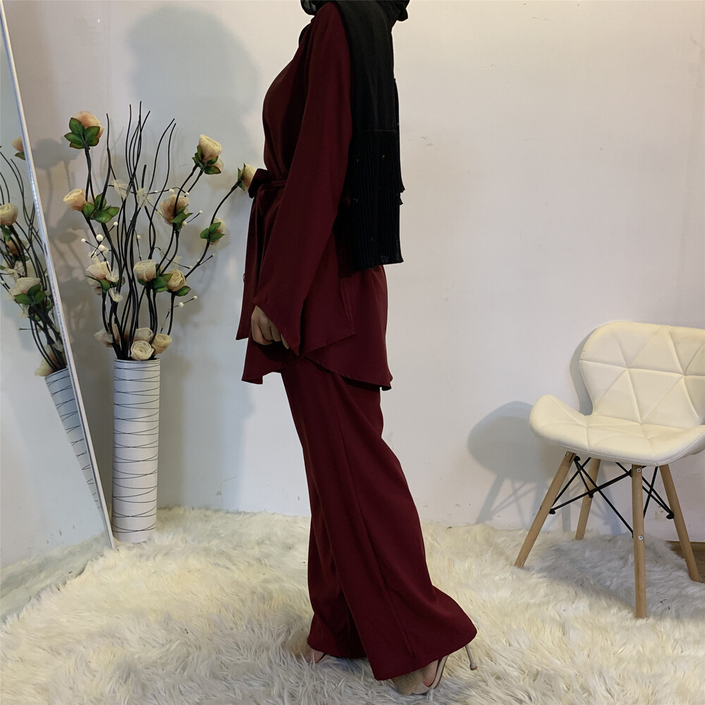 Muslim Long Sleeve Top Pant 2pcs Set Abaya Women Kaftan Dress Islamic Clothing
