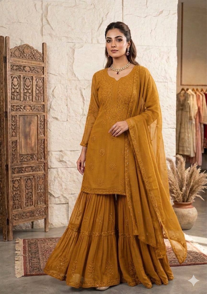 Indian Pakistani Georgette Kurta Sharara Set Women Embroidered Party Wear