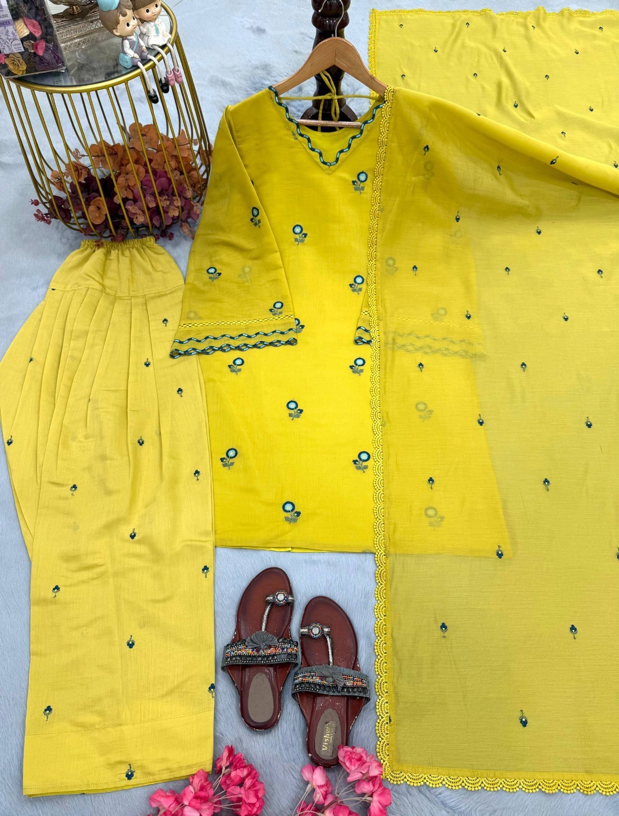 Indian Designer Yellow Chanderi Kurta Pant Dupatta Set Party Ethnic Wear Women