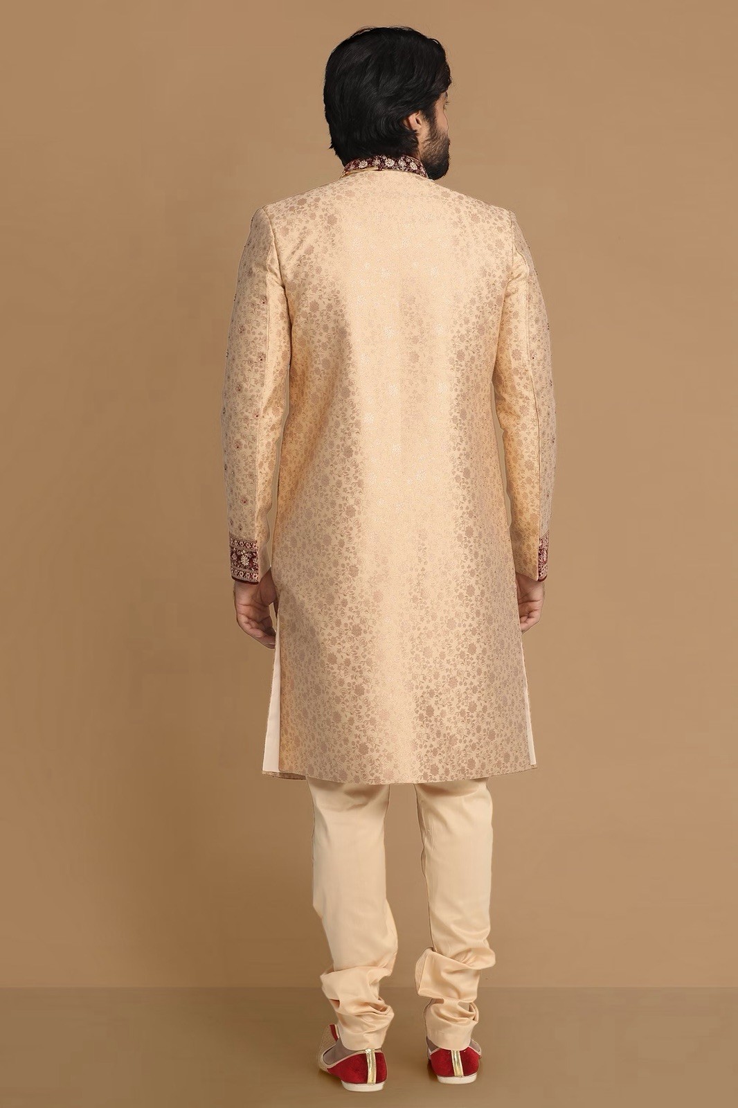 Men’s Beige Embroidered Sherwani Brocade Silk Blend w/ Maroon Dupatta