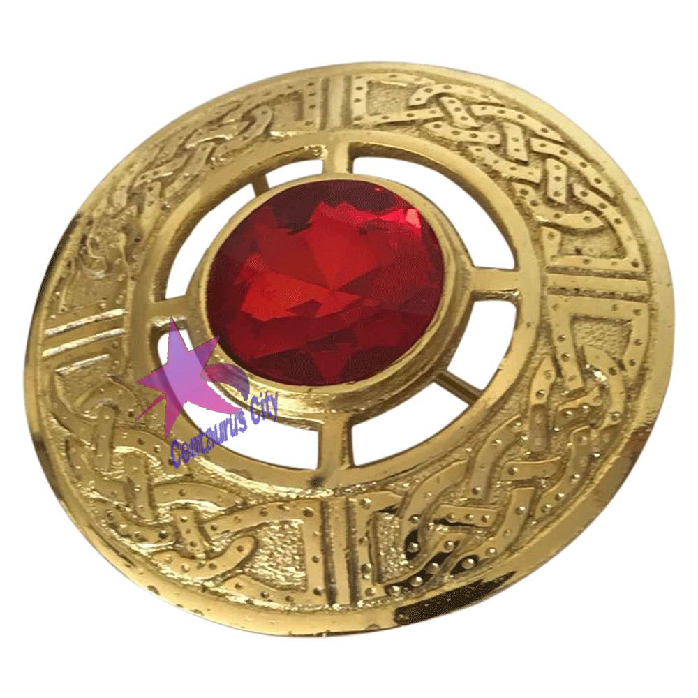 CC Kilt Fly Plaid Brooch Celtic Design Red Stone/Fly Plaid Brooch Gold Finish