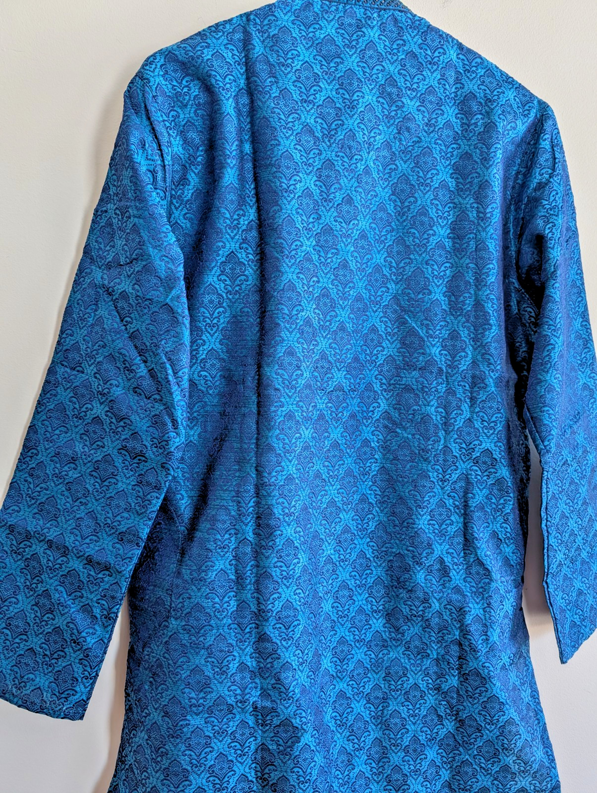 Kurta Pajama Set Manyavar Silk Blue Brocade Mandarin Neck Wedding Party Wear 40