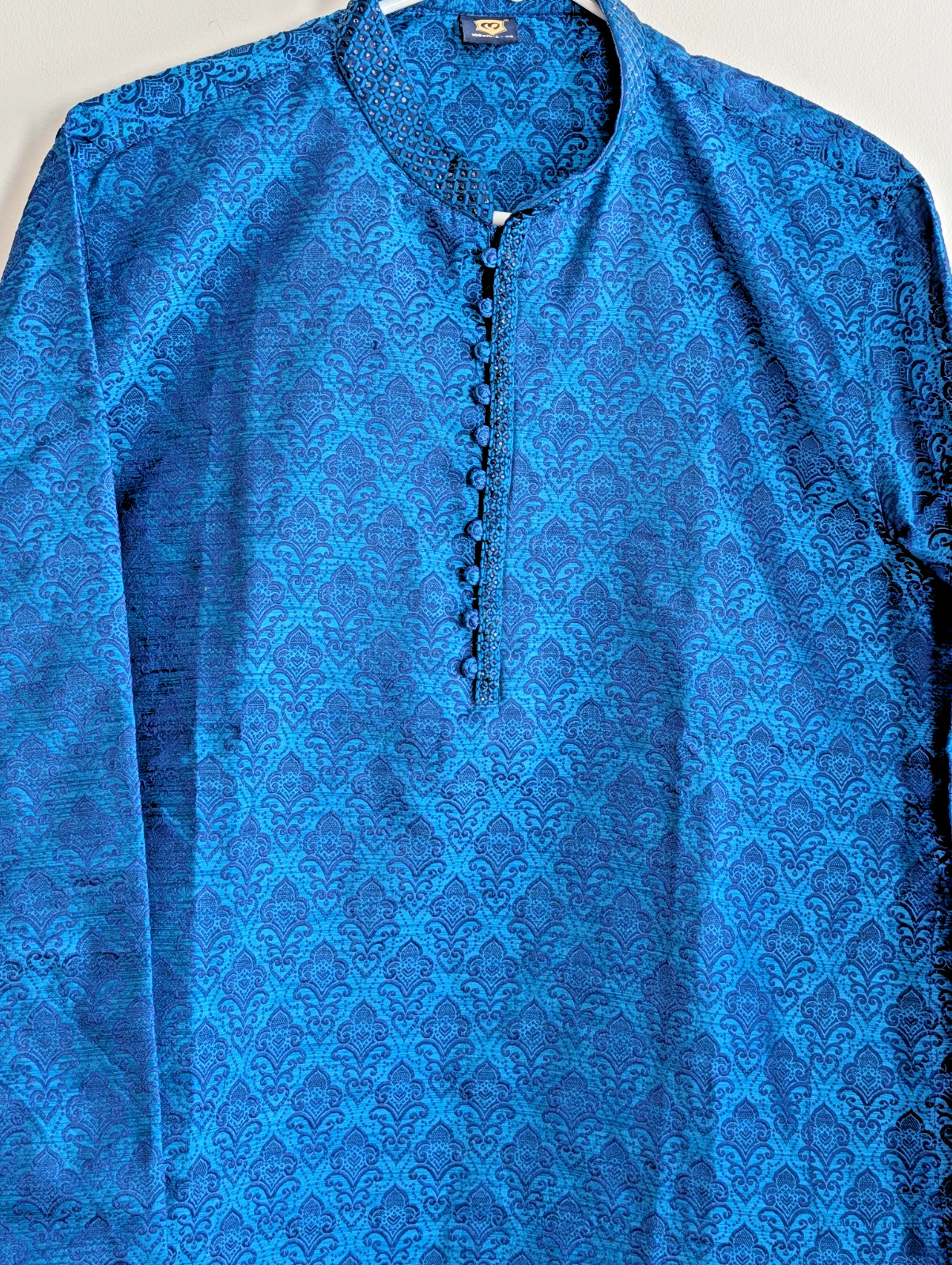 Kurta Pajama Set Manyavar Silk Blue Brocade Mandarin Neck Wedding Party Wear 40