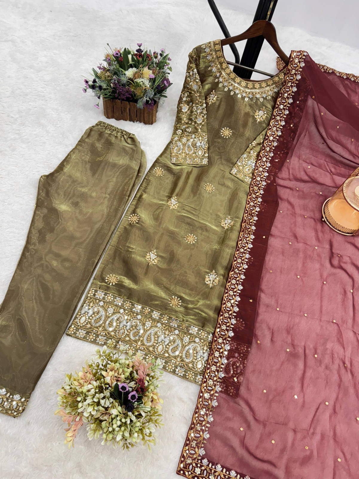 New Presenting Heavy Silk Olive Green Salwar Kameez With Dupatta For Party Wear