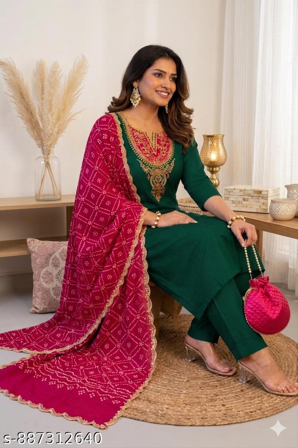 Indian Women Pink Green Bandhani Kurti Pant Dupatta Dress Girls Ready to Wear A2