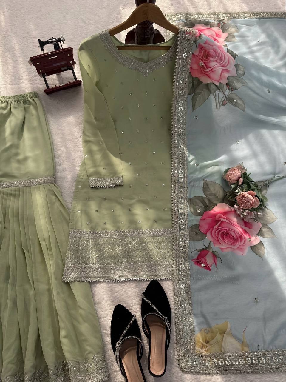 New Faux Georgette Sage Green Top Palazzo With Dupatta For Ethnic Wear