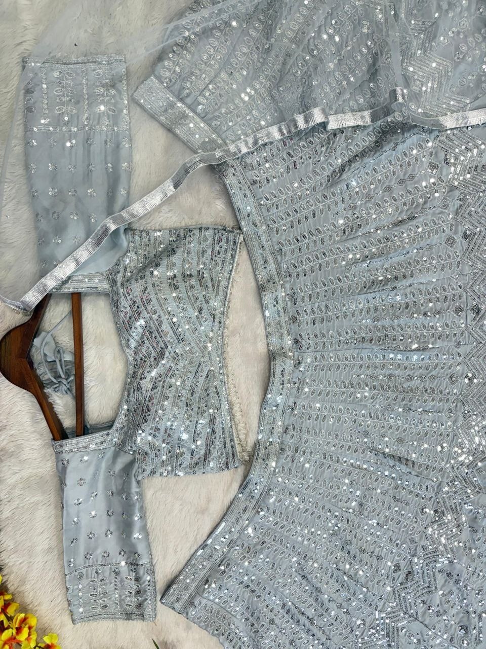 Attractive Look Rangoli Silk Grey Lehenga Choli With Dupatta For Wedding Wear