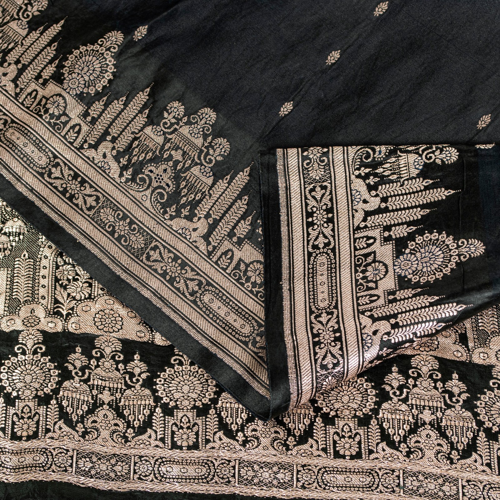 Sanskriti Vintage Black Pure Satin Sarees Banarasi Brocade Zari Hand-Woven 6+Yd