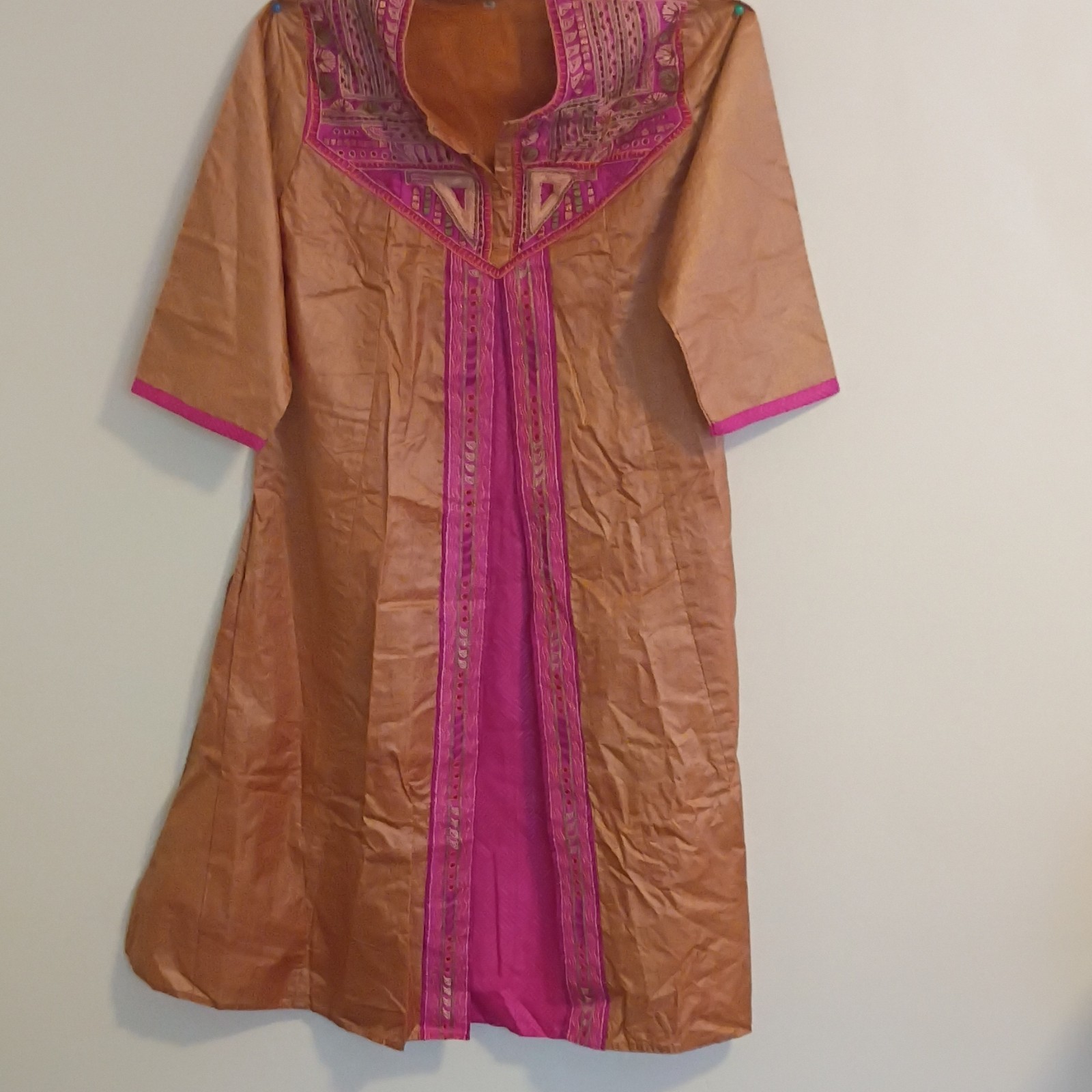 Handmade Silk Embroidered Women’s Kurta Tunic Dress Brown & Pink Size 40 Indian