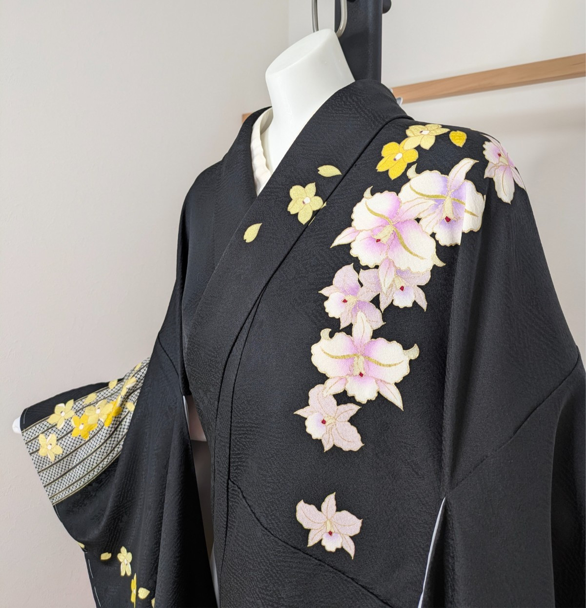 Japanese Kimono Silk Furisode Black Yellow & Purple Flowers Vertical Waves Art