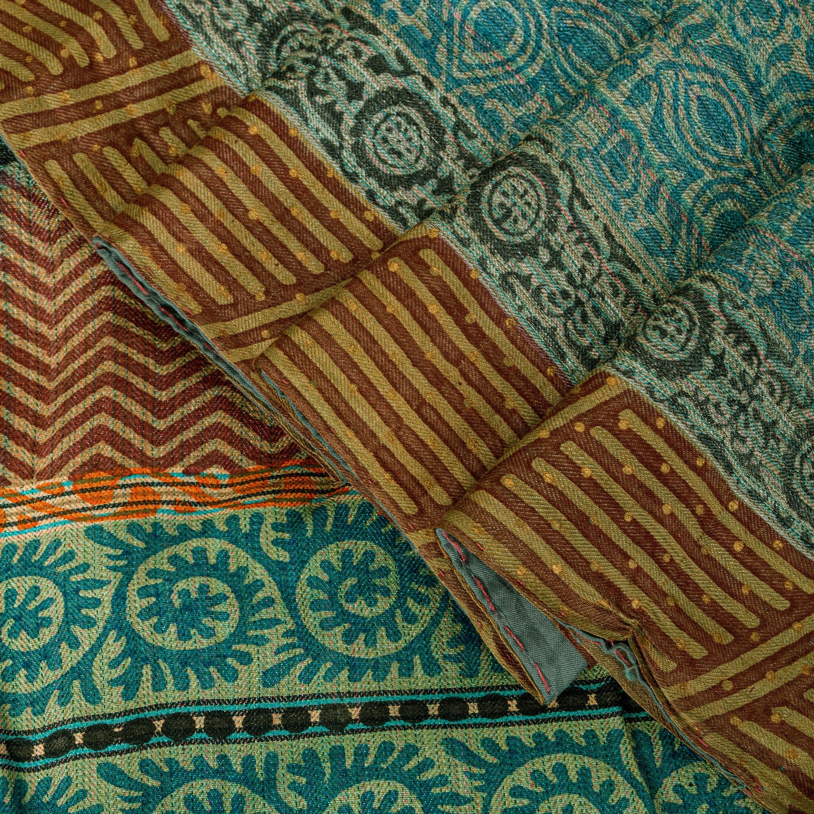 Sanskriti Vintage Blue Pure Woolen Sarees Fabric Block Printed Woven 5.5+Yd Sari