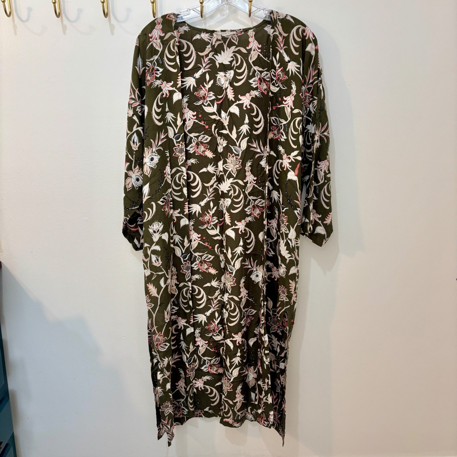 Ann Taylor Kimono Poncho Hunter Green Floral Boho Indie XS