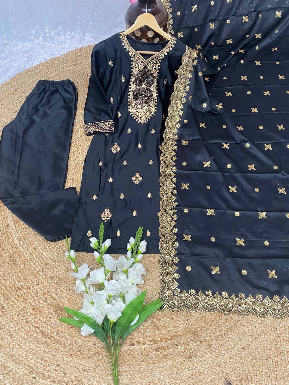 Function Wear Black Malay Satin Silk Salwar Kameez With Dupatta For Women