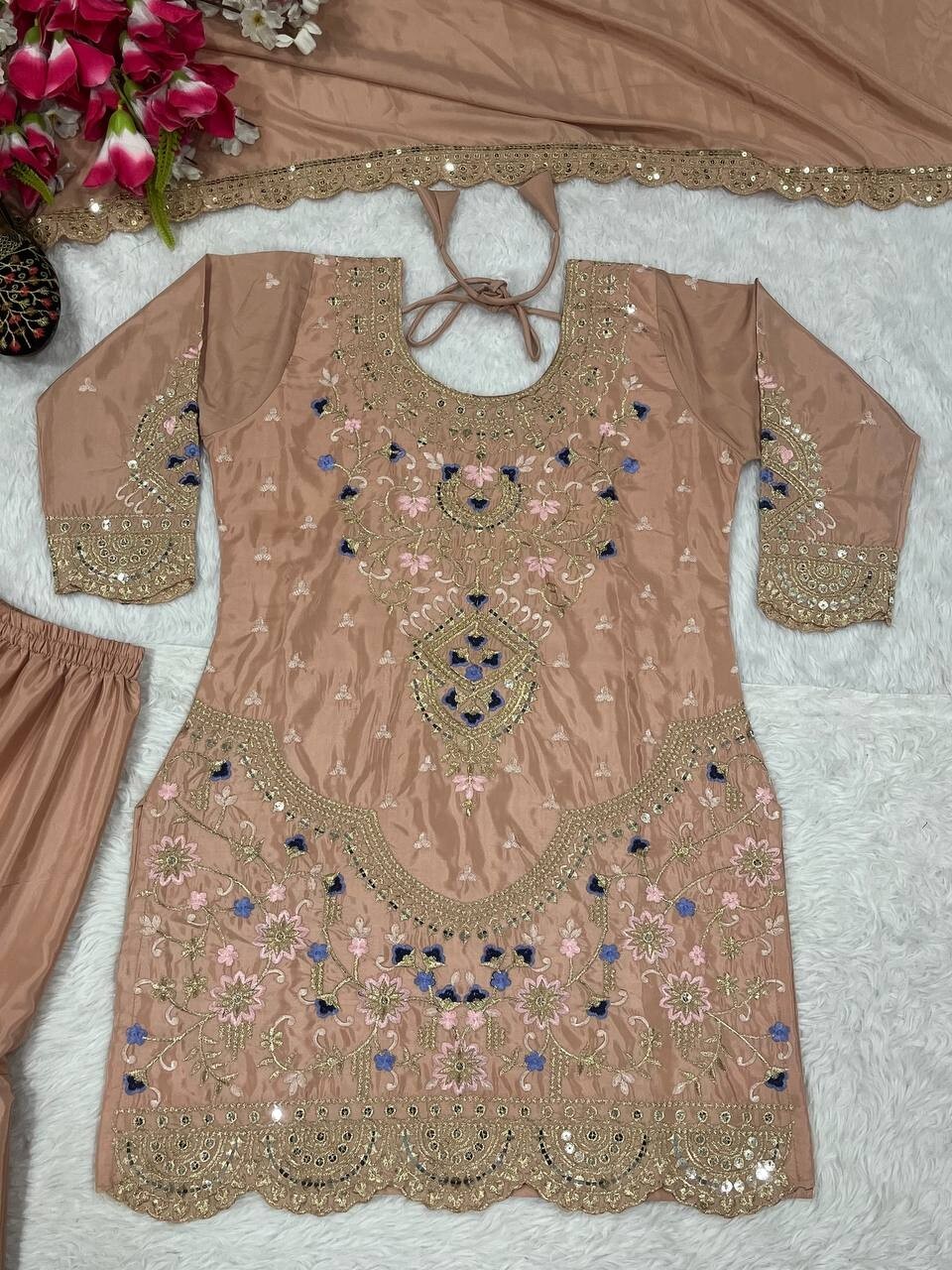 Engagement Wear Peach Natural Crepe Kurta Palazzo With Dupatta For Women