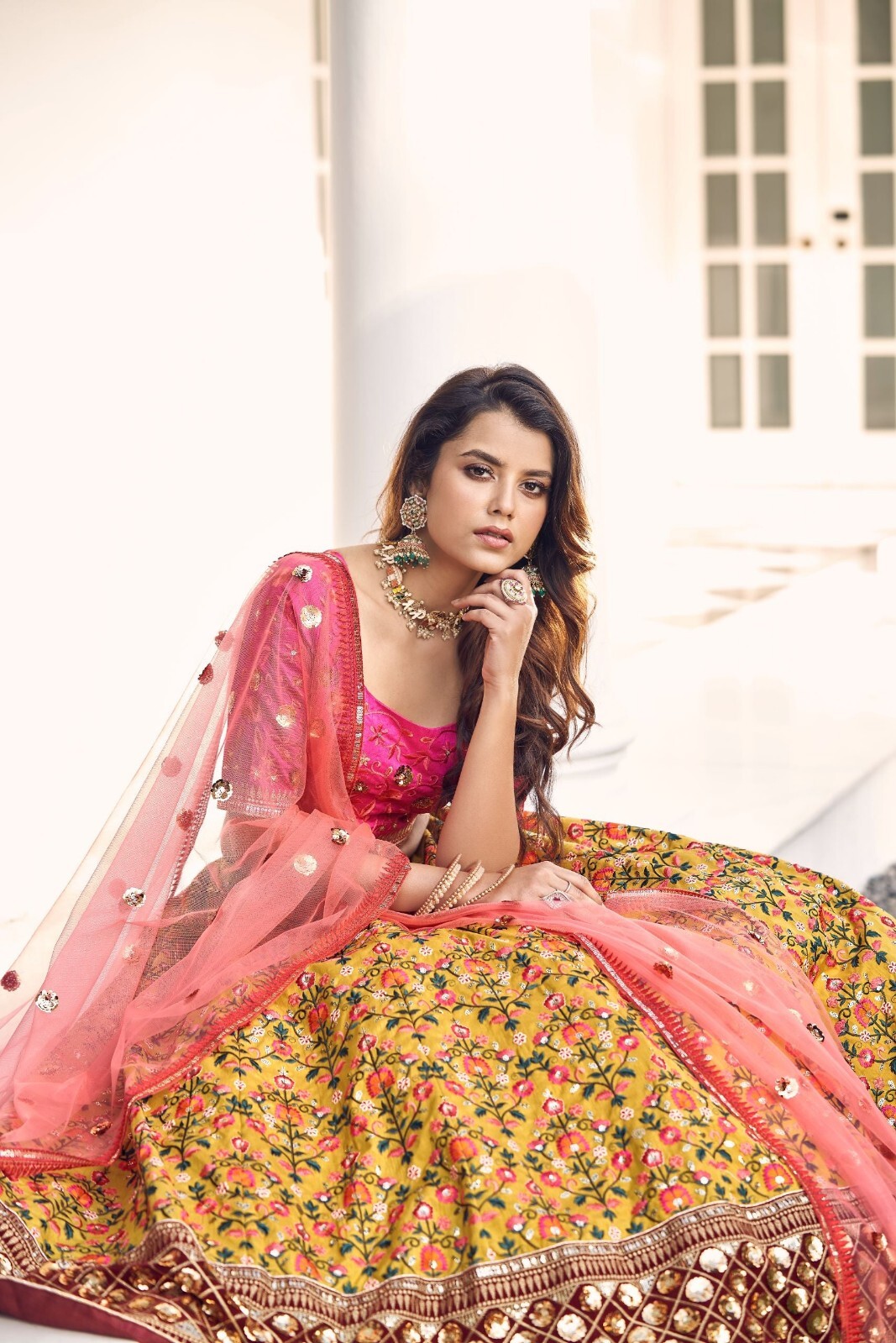 Mustard Yellow & Pink Thread With Sequins Embroidered art Silk lehenga choli