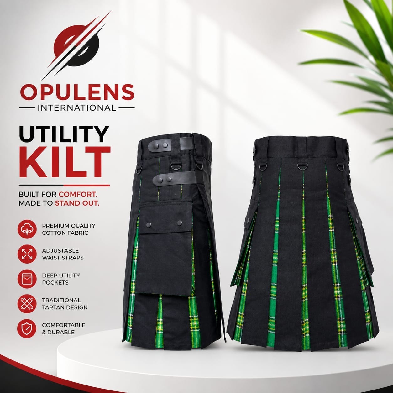 Men’s Plus Size Utility Kilt Black Cotton Tartan Hybrid Irish Style