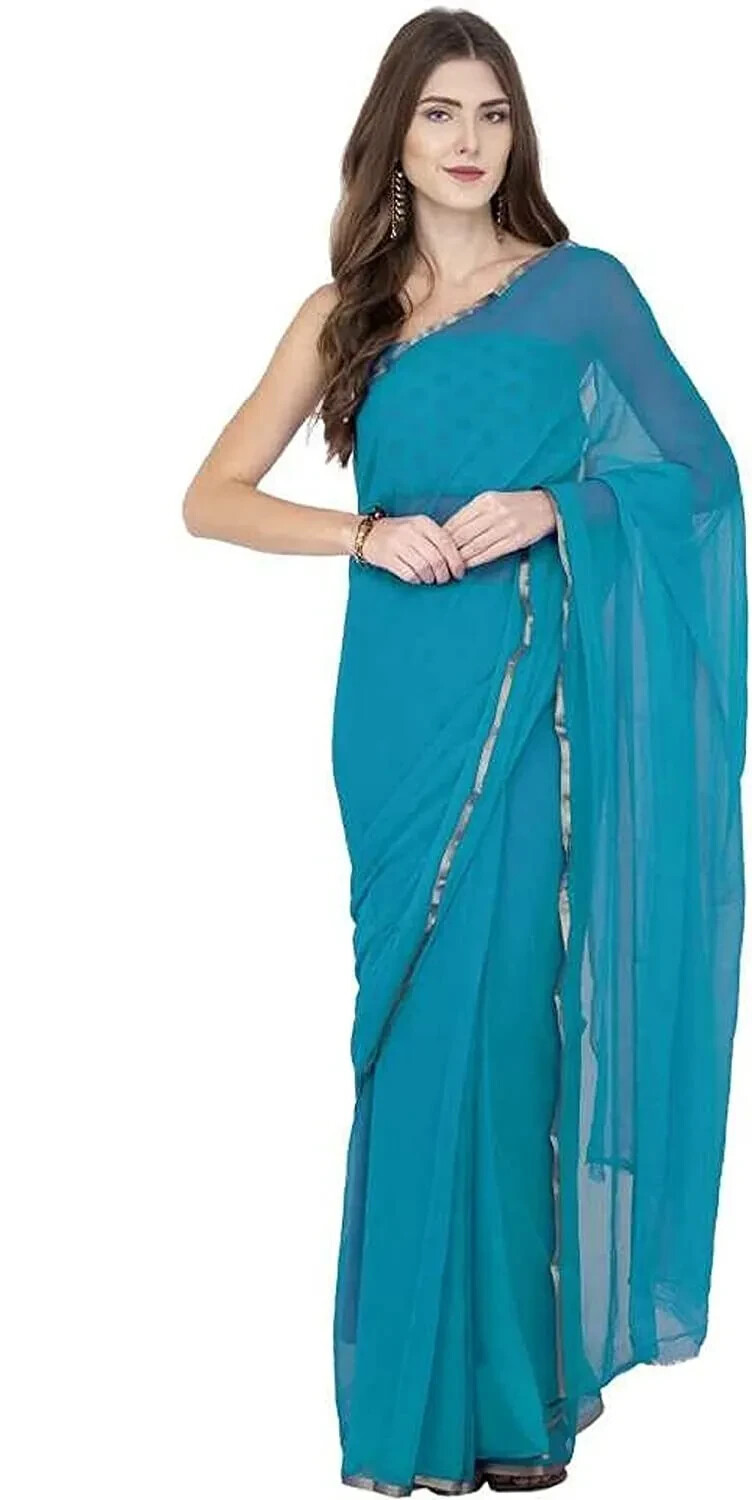 Women’s Pure Chiffon Light Blue Saree Golden Border Formal & Casual Wear 1 Pcs