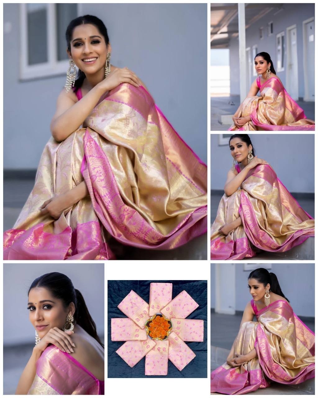Wedding Wear Golden Beige Pink Lichi Silk Saree Jacquard Weaving Indian Ethnic