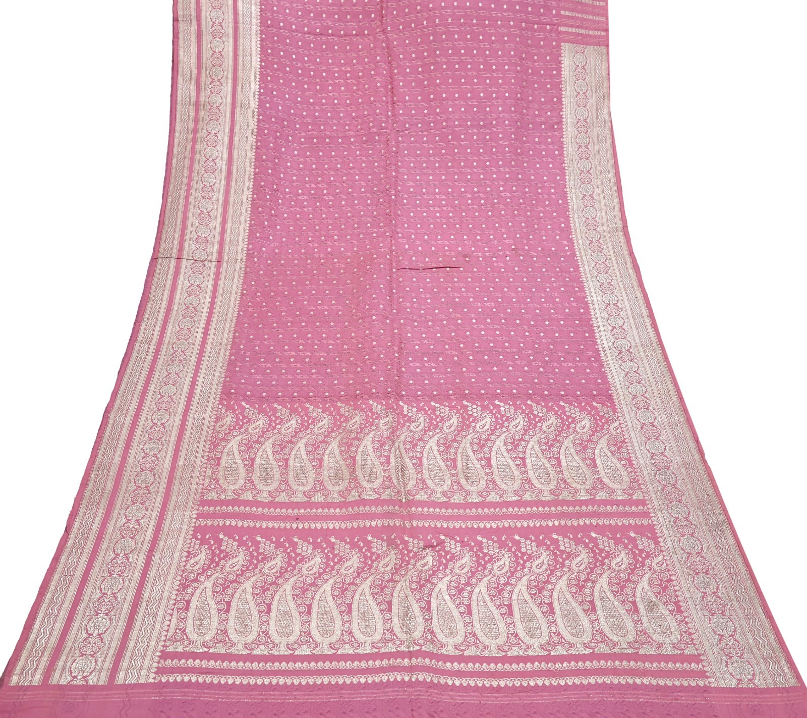 Indian Vintage Sari Heavy Pink Pure Satin Silk Woven Brocade Banarasi Sari 5yd
