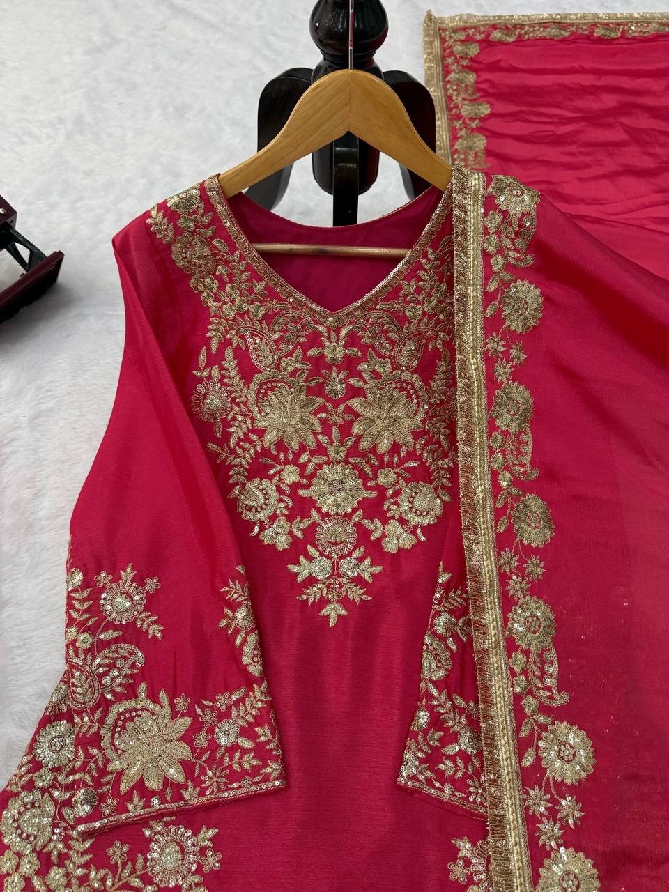 Latest New Chinon Silk Pink Top Palazzo With Dupatta For Wedding Wear