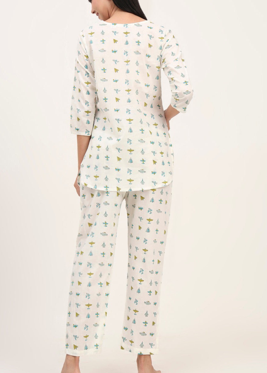 Cream Cotton Printed Night Suit Set for Women Soft Breathable Pajama Sleepwear