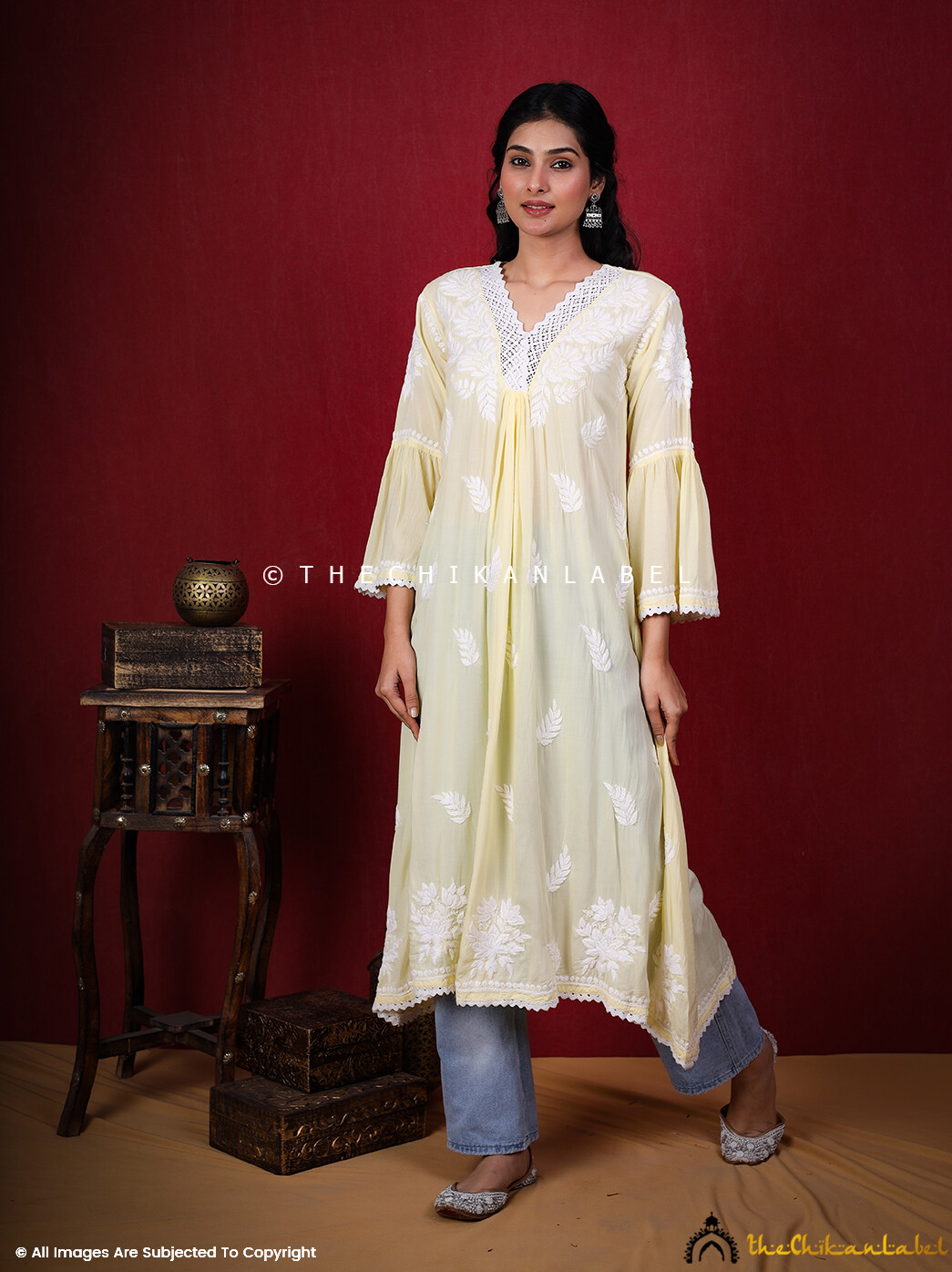 Yellow Mul Cotton Chikankari A-Line Kurti Lucknow Chikankari Handmade Kurta