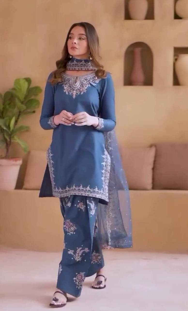 Pakistani Style Natural Crepe Blue Farshi Plazzo Suit with Embroidered Work