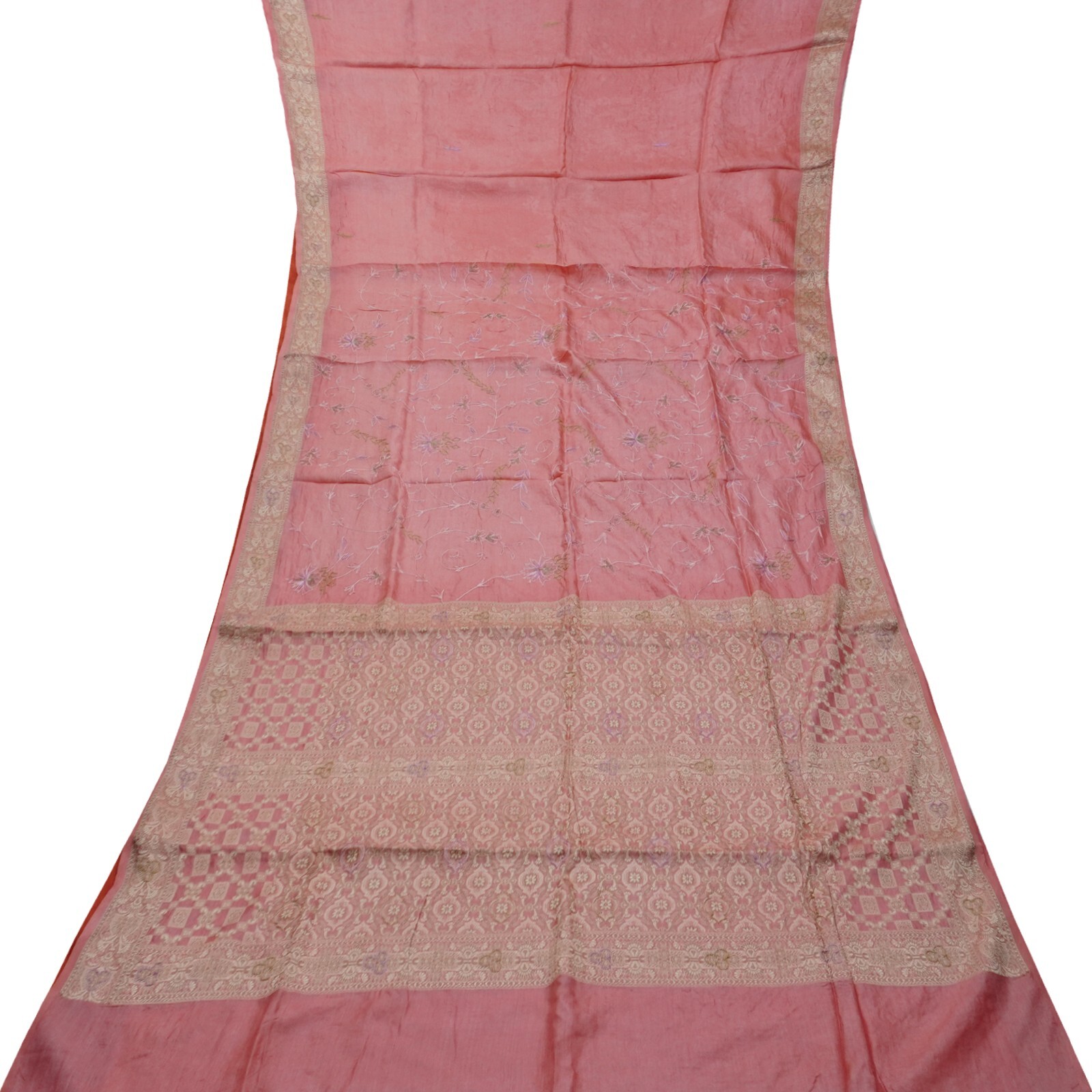 Vintage Pink Sarees 100% Pure Silk Woven Hand Embroidered Sari 5YD Craft Fabric