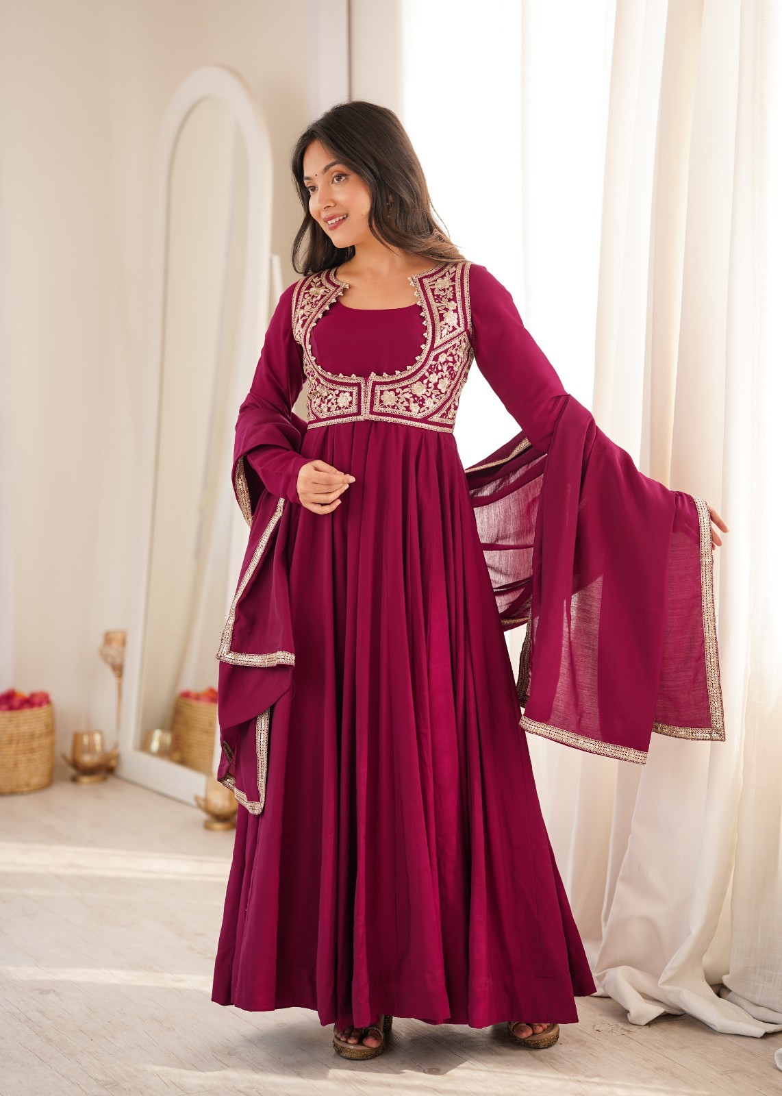 Designer Pure Roman Silk Chanderi Anarkali Gown Set with Fancy Jacket Embroidery