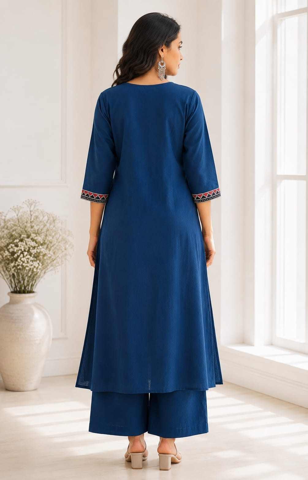 Ethnic motifs Thread work Cotton Kurta with Palazzo. Colour – Blue/Yellow/Red