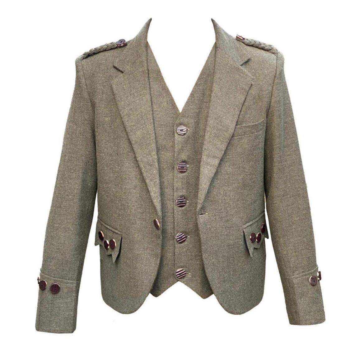 Men’s Scottish Olive Green Tweed Wool Argyle Kilt Jacket & Vest Set