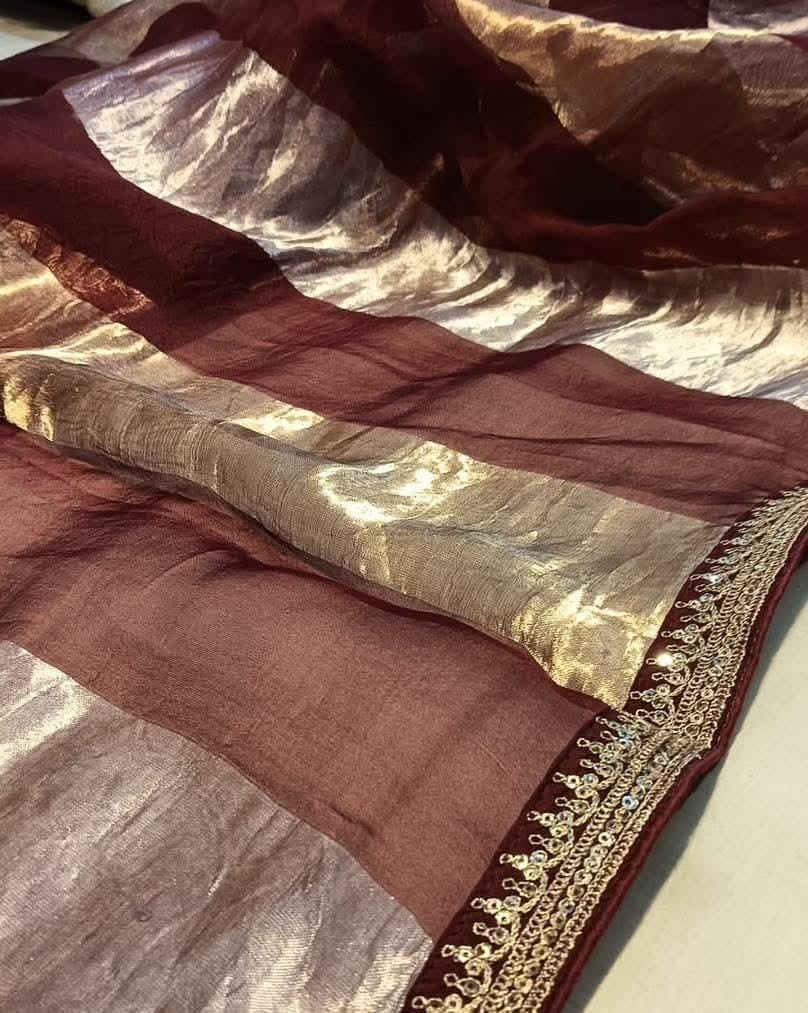 Banarasi Tissue Silk Saree Metallic Striped Designer Lace Border Wedding Sari