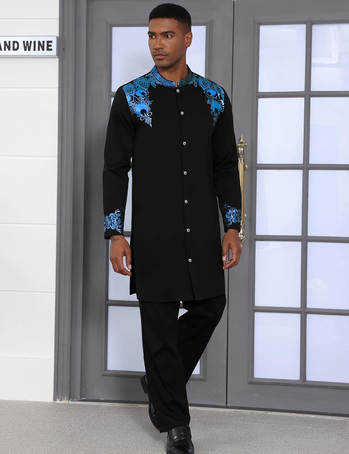 Mens Long African 2 Piece Set Nigerian Dashiki Metallic Traditional Suit