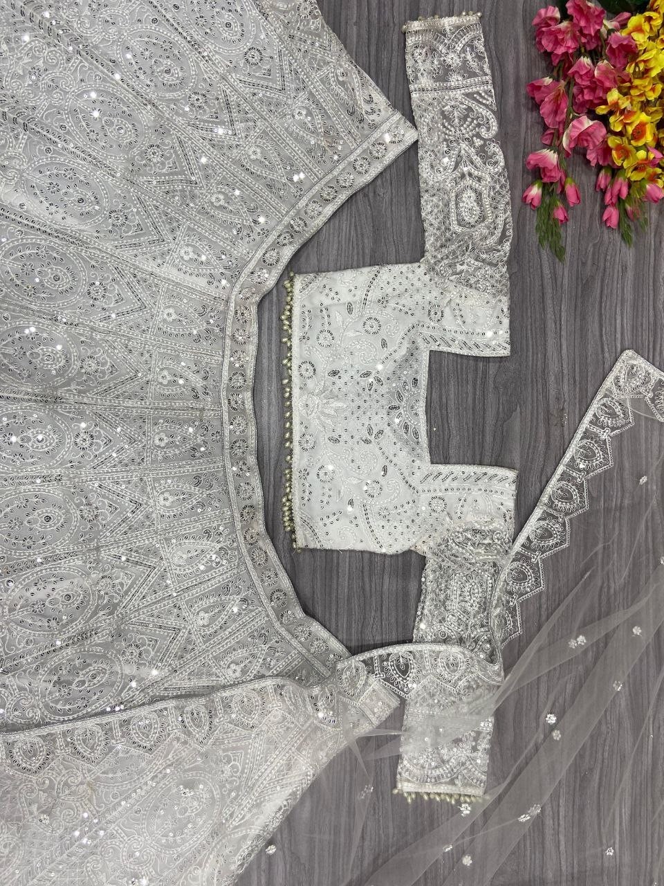 Latest Designer White Soft Butterfly Net Lehenga Choli With Dupatta For Wedding