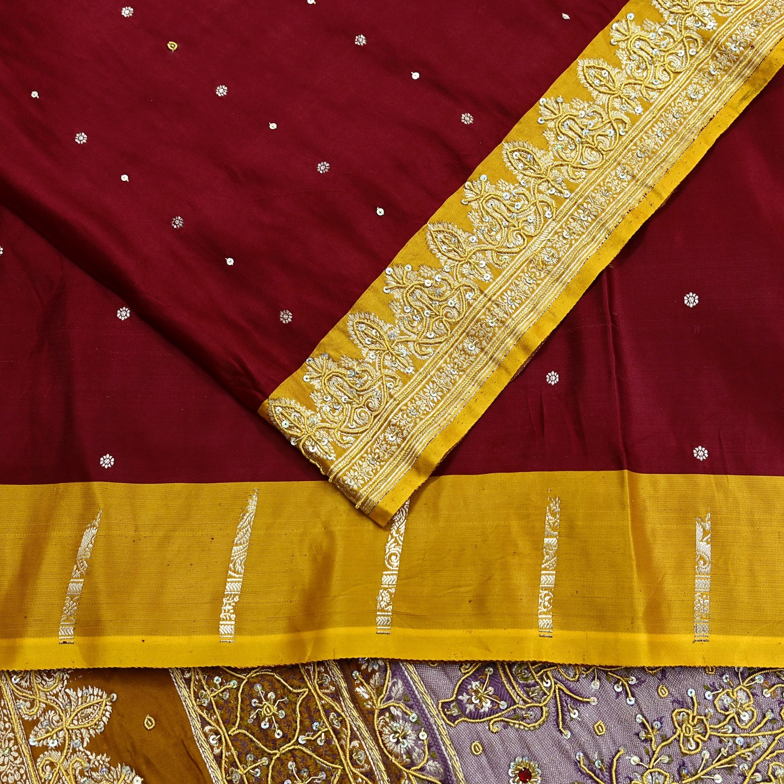 Vintage Heavy Saree Pure Satin Silk Hand Embroidered Banarsi Brocade Sari Dabka