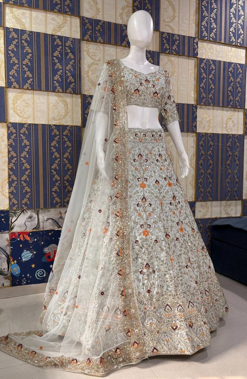 Luxury Satin Silk Lehenga Choli 4m Flare Sequins Work Can-Can Set