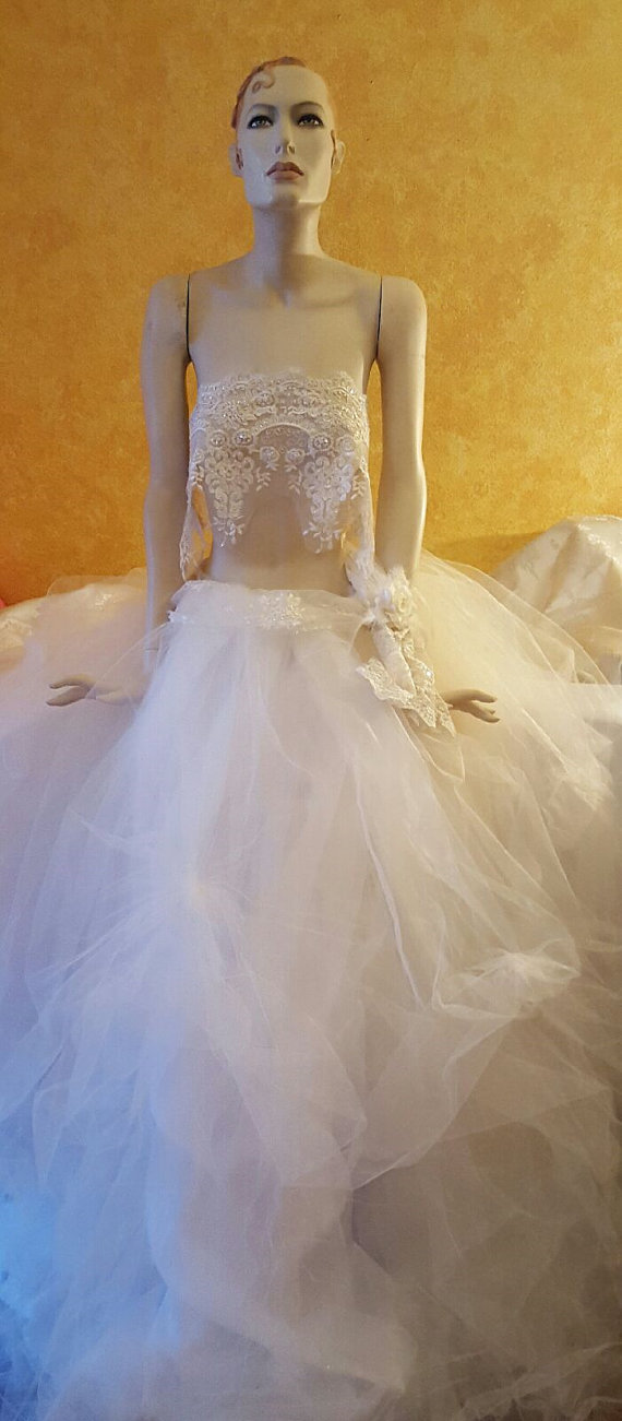 2Pc White Lace Corset Lehenga Sari Saree Wrap Skirt Dress Bridal Wedding Gown