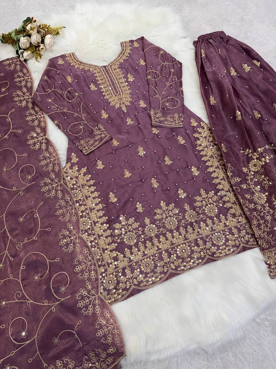Launching New Pure Silk Dusty Pink Top Palazzo With Dupatta For Women & Girls