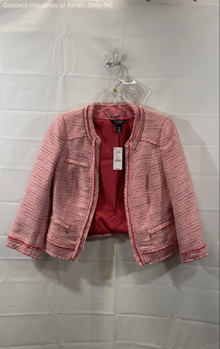 NWT White House Black Market Pink Remix Tweed Jacket Chain Fringe Cropped Sz 6P
