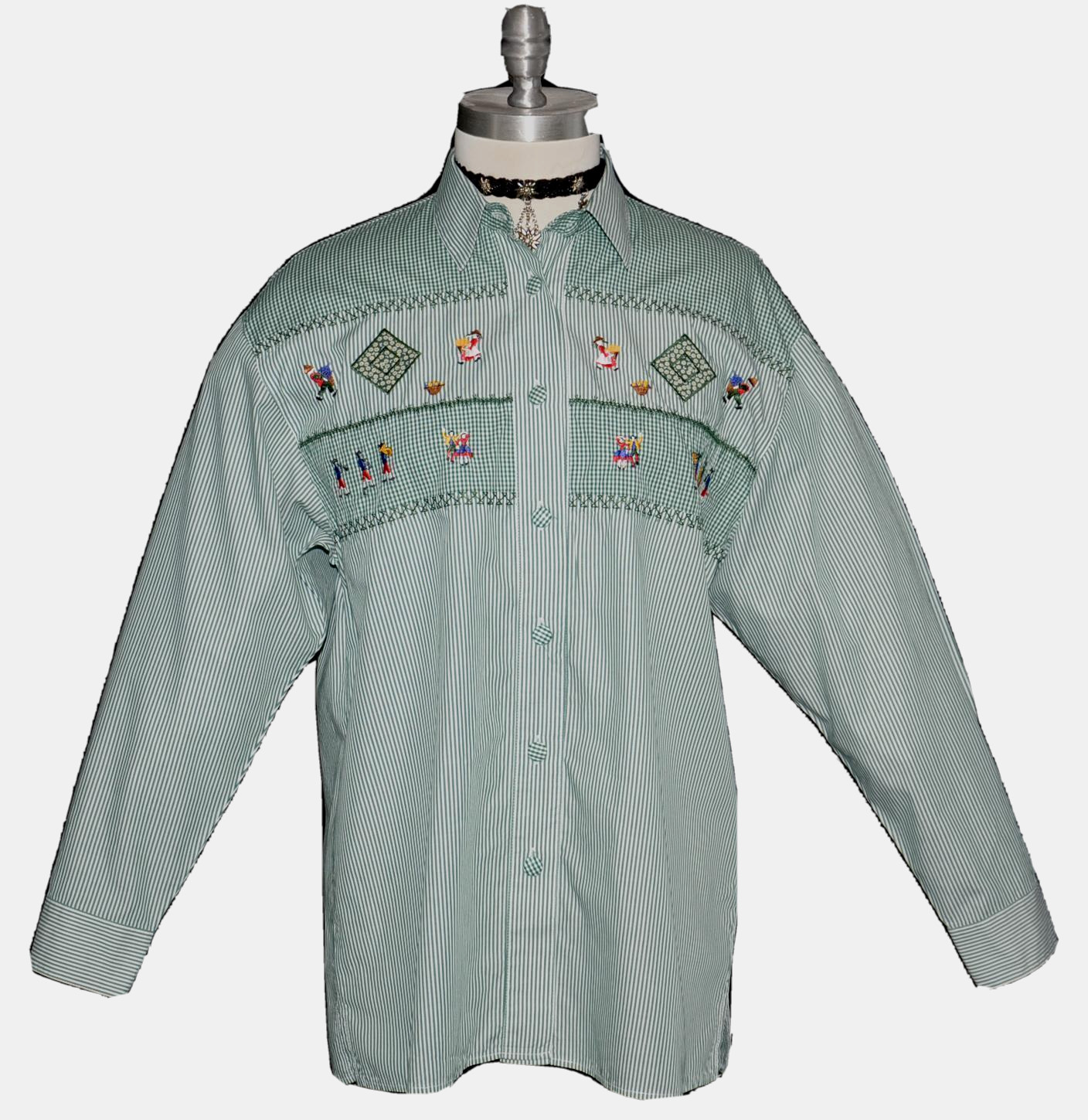 L Bust41″ COTTON Austria Trachten BLOUSE Top Shirt EMBROIDERY / GREEN & WHITE
