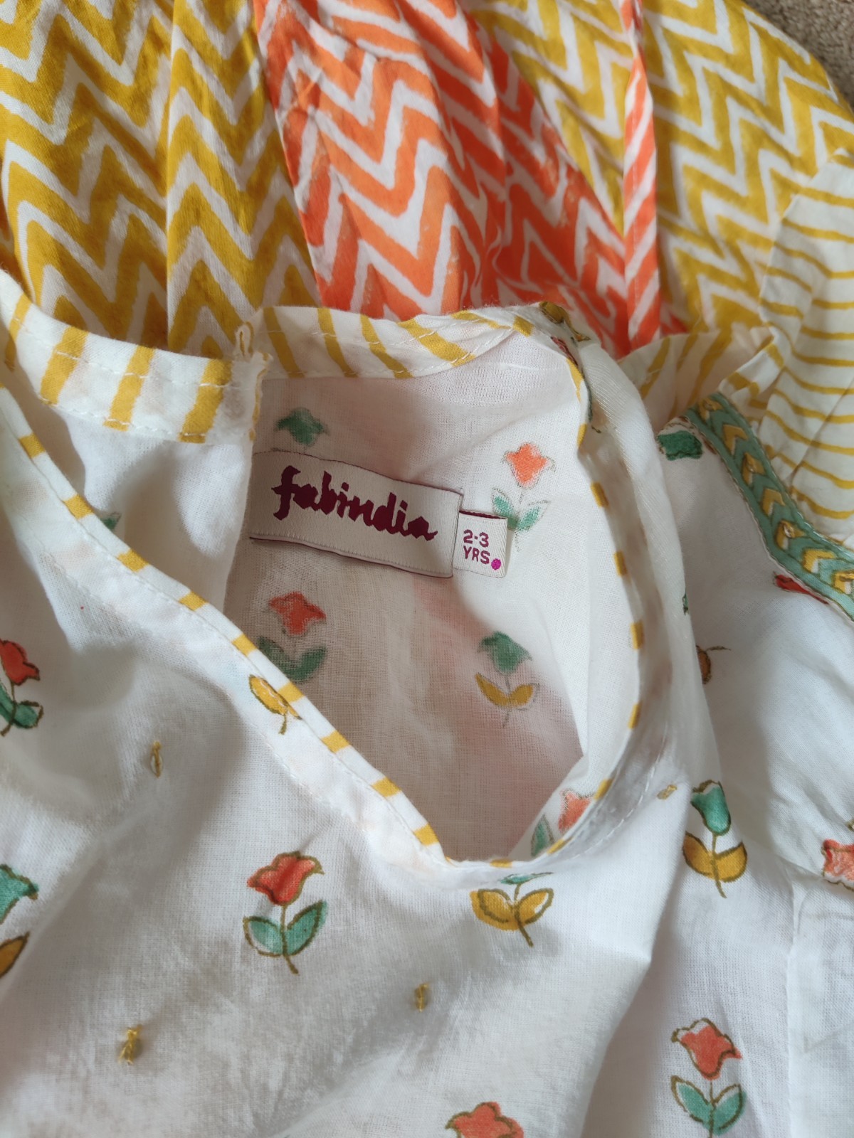 Light Summer Cotton Girls Indian Lehnga Set White Orange Yellow Green 2-3 YRS