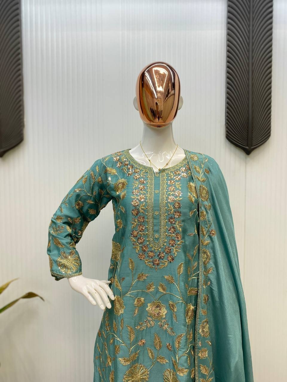 Luxury Chinon Sequence Embroidered Palazzo Set with Dupatta | Wedding Collection