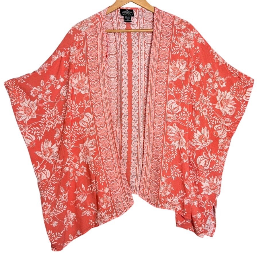 Angie Floral Kimono Cover Up Coral White Boho Open Front Duster Size L