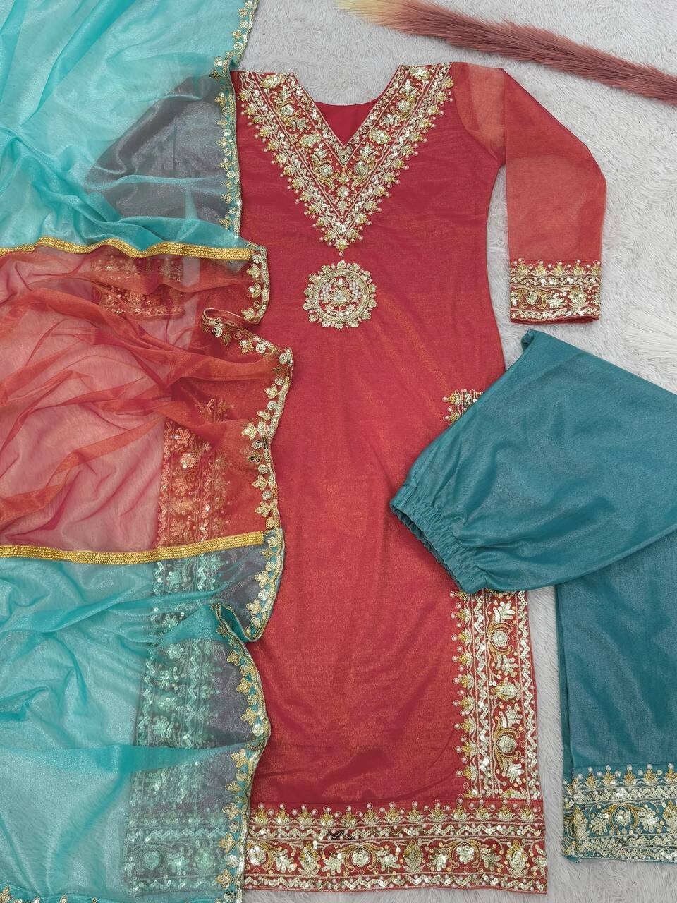 New Designer Red Twill Net Silk Kurta Palazzo With Dupatta For Party