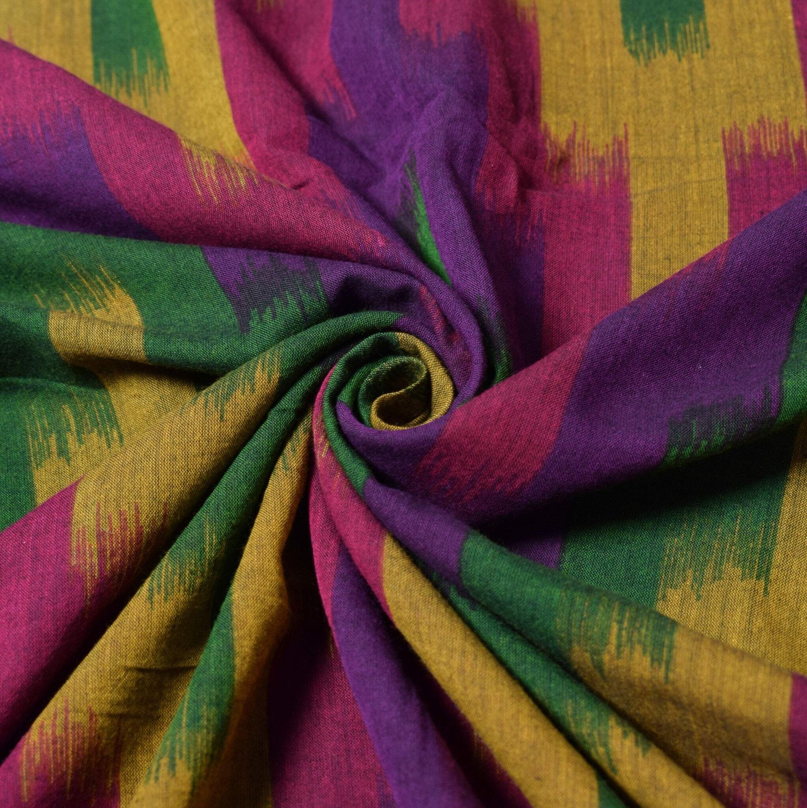 Sushila Vintage Multi-Color Saree Zig-zag Hand woven 100%Pure Cotton Sari Fabric