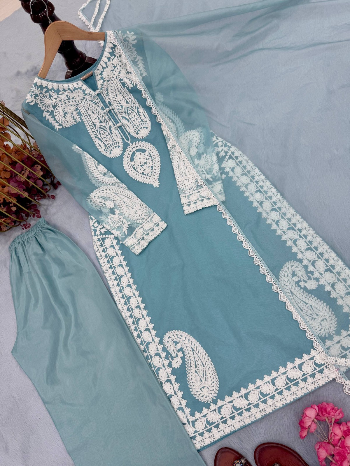 Latest Organza Silk Sky Blue Kurta Palazzo With Dupatta For Festive Wear