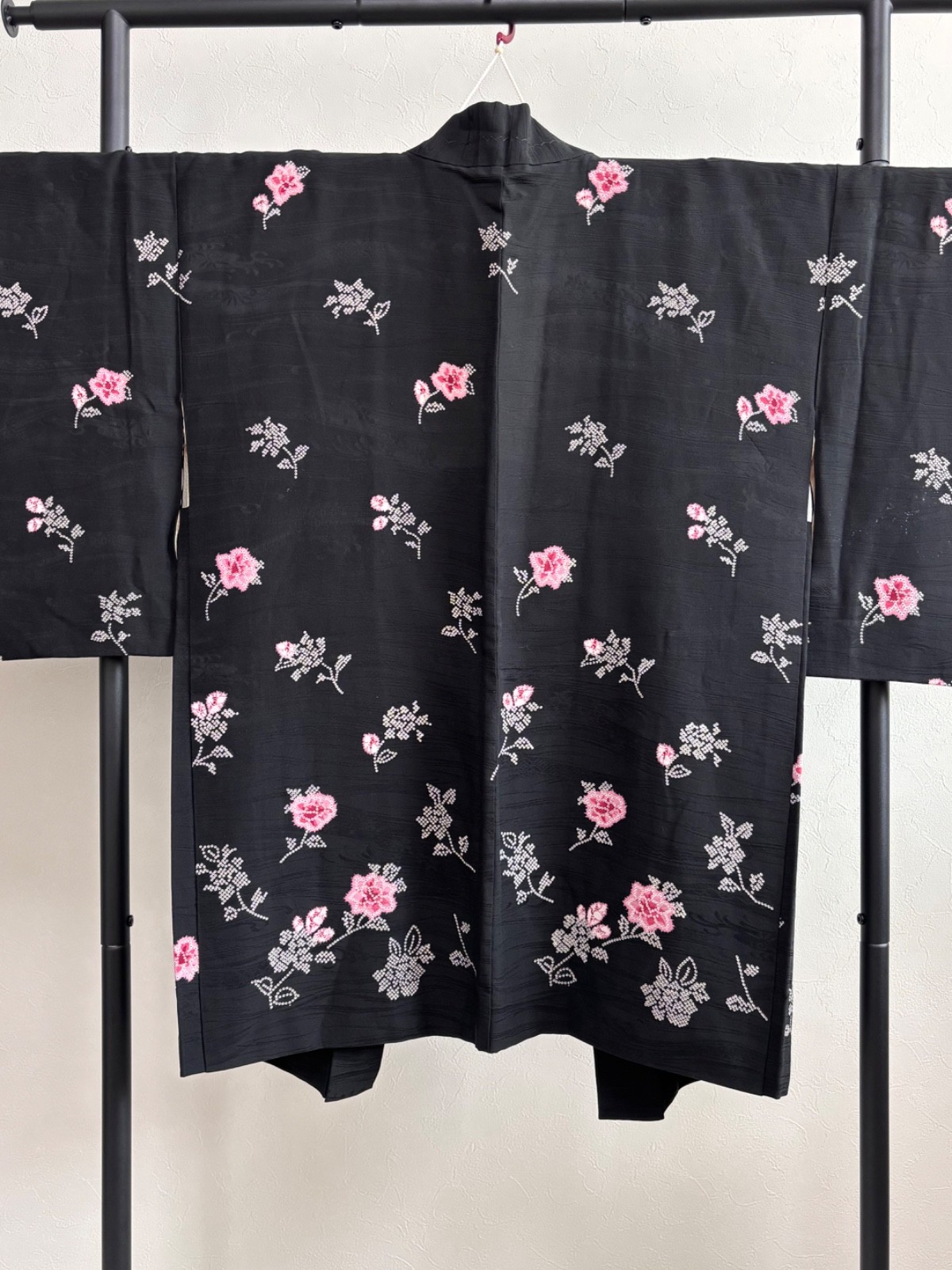 Japanese Haori Kimono Jacket Black Floral Shibori Pink Vintage From Japan
