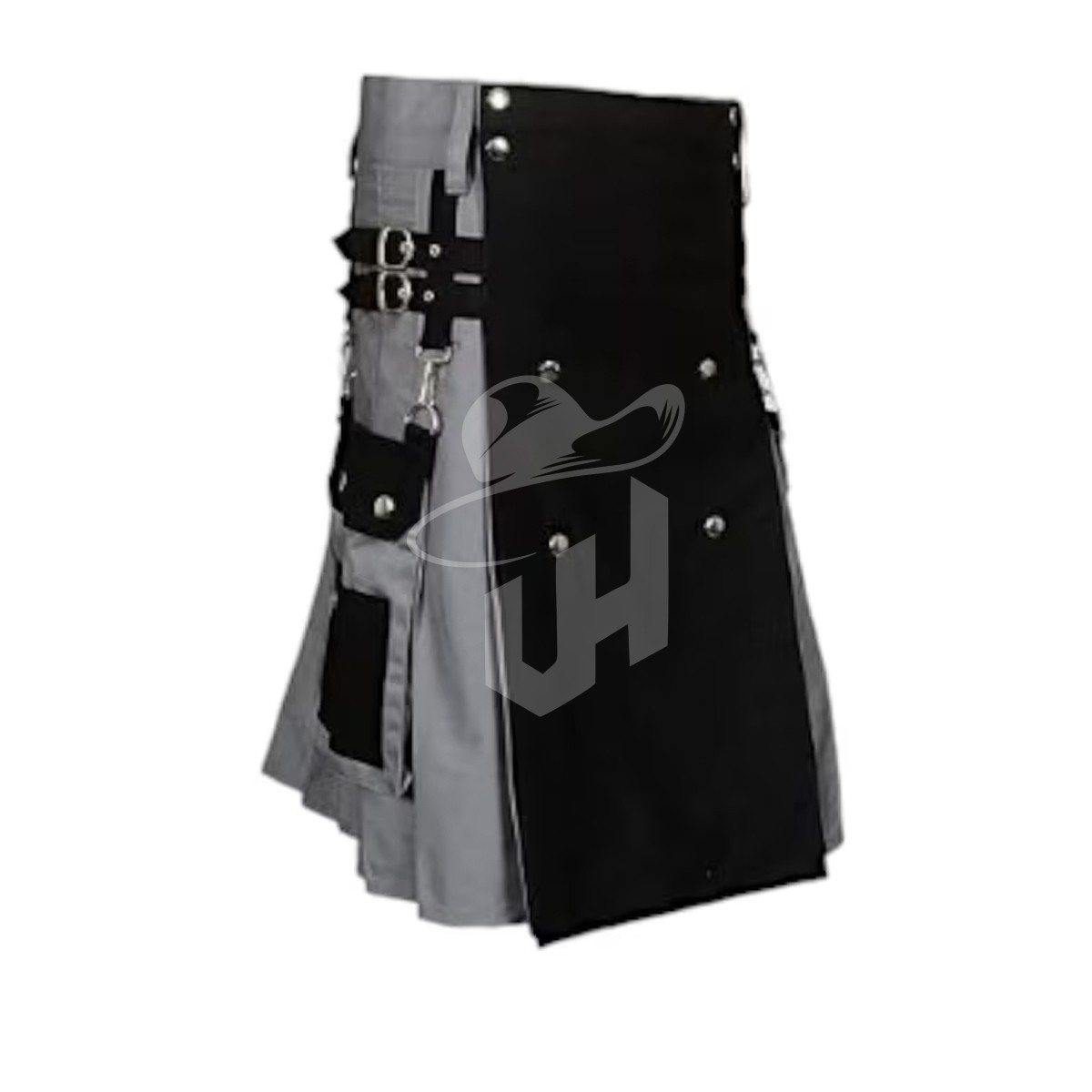 Black & Grey Hybrid Utility Kilt with Cargo Pockets – Steampunk Cotton Kilts